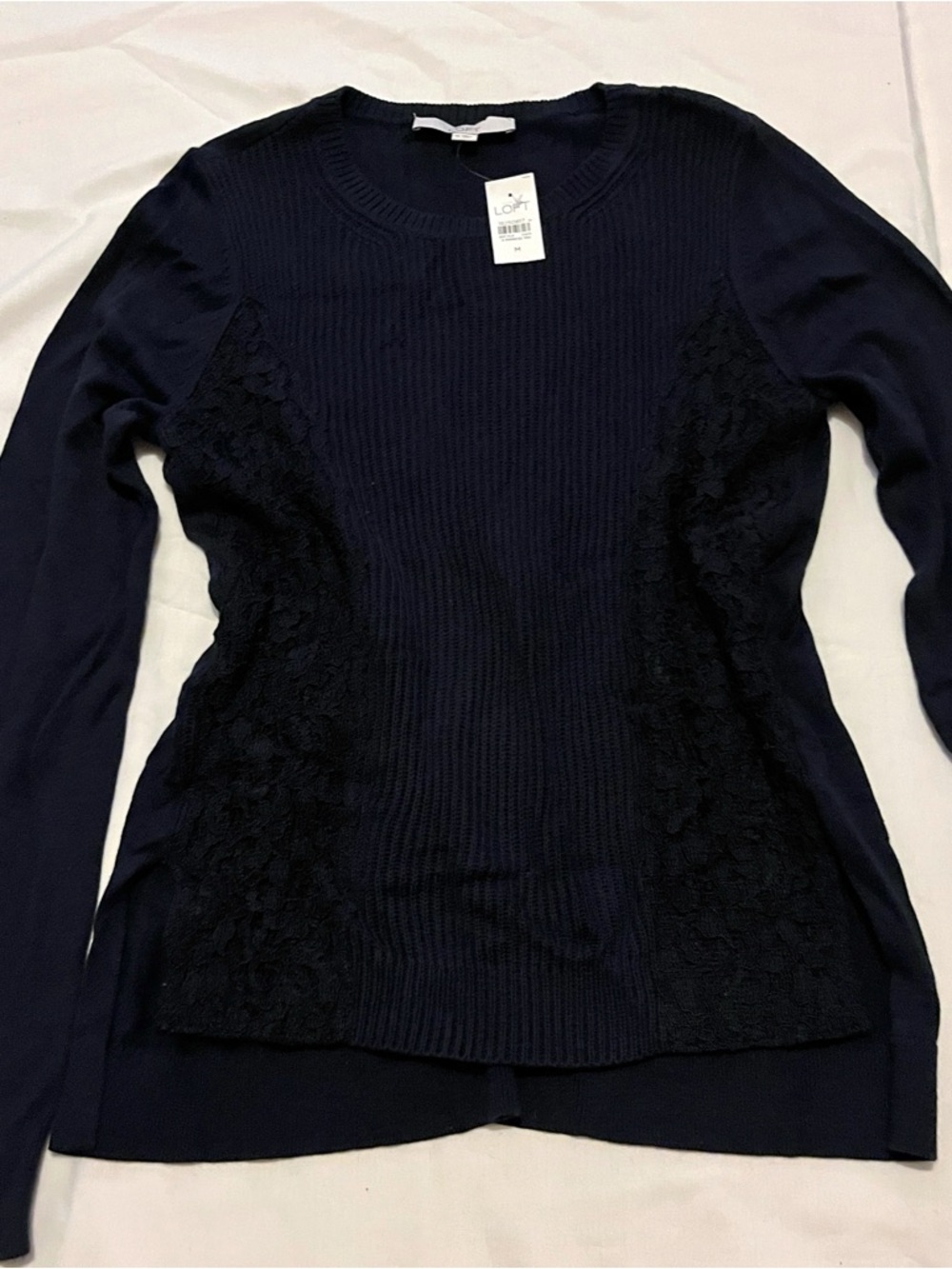 Ann Taylor LOFT Navy Blue Ribbed Knit Sweater Floral Lace Side Panels - Size M